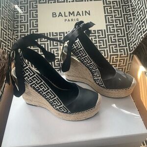 Balmain Paris Monogram Espadrille Wedges – Black – New Size 38.5